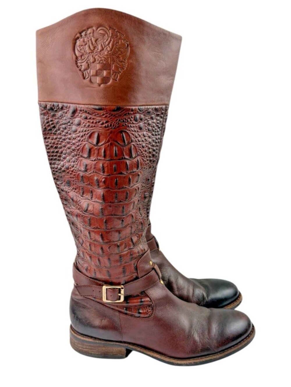 -Vince Camuto Kamino Flavian Tall Boots Womens 9B Brown Riding Quiet Luxury Croc